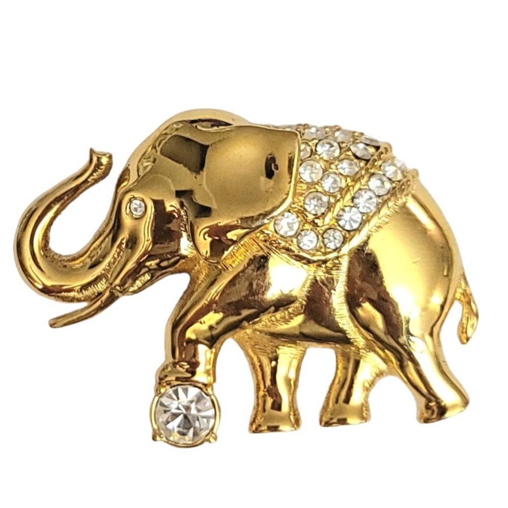 Swarovski Gold Tone Clear Crystal Elephant Brooch Pin, Swan Logo Signed M488